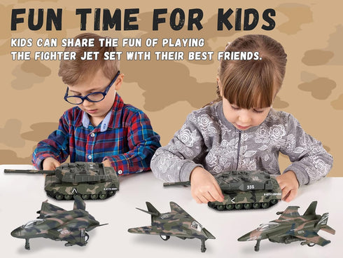 5 Pack Set, Playset 3+ Crelloci Die Cast Fighter Jet Tank Toy, Pull Back Army Toys Vehicle Camouflage Bomber Airplane