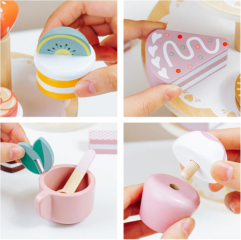 MIKNEKE Set Set Sets Wooden Dessert Cake Tea Party for Little Girls Toys, Pretend Play Kids Tea for Toddlers Wood Toys