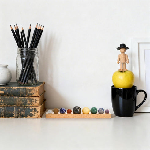 ZENFUN Nine Planets in Solar System with Wooden Stand, Natural Gemstones Sphere Solar System Model Kit, Planet Marbles
