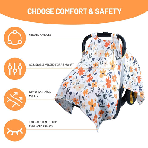 80S Summer, Muslin Car Seat Cover for Babies - Soft & Breathable Infant Carrier Canopy, Lightweight Sunshade