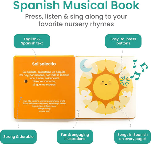 13, Binibi Sol Solecito Bilingual Musical Sound Book for Toddlers Spanish Nursery Rhymes & Play Songs, Interactive