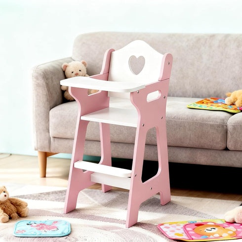 PHOKID 18" Doll High Chair for Pretend Play - Wooden Doll Furniture with Safety Belt, Footrest & Flower Backrest