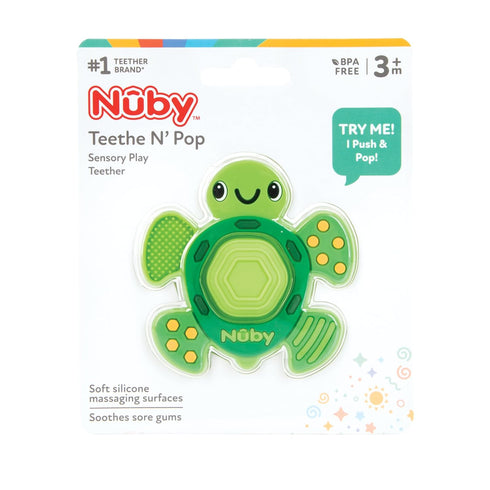Nuby Teethe N' Pop Sensory Play Teether, Baby Teething Toy for 3+ Months, Turtle