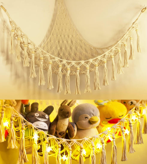 Stuffed Animal Toy Storage Hammock with LED Light, Macrame Jumbo Doll Corner Organizer for Kids Baby Nursery Decor