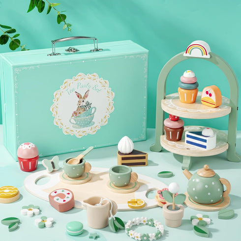 Set Set 2-5 Wooden Tea Party for Little Girls, Toddler Pretend Play Food Kitchen Toys, Wooden Tea Tray Cake Dessert
