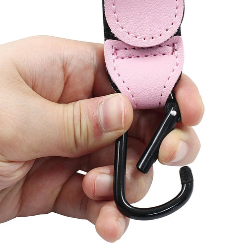 2 Pcs Durable Leather Stroller Hooks for Diaper Bags, Stroller Clips for Wheelchair and Shopping Carts, Pink