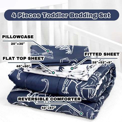 4 Set Set, Pieces Dinosaur Toddler Bedding for Boys, Soft Breathable Toddler Comforter Dino Print Navy, Includes