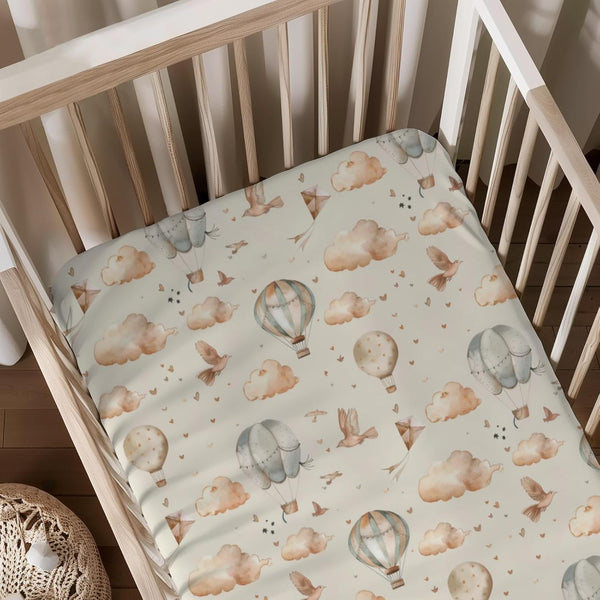 KuphiL10C Hot Air Balloon Transportation Pattern Baby Crib Sheets, Unisex Balloons Birds Clouds