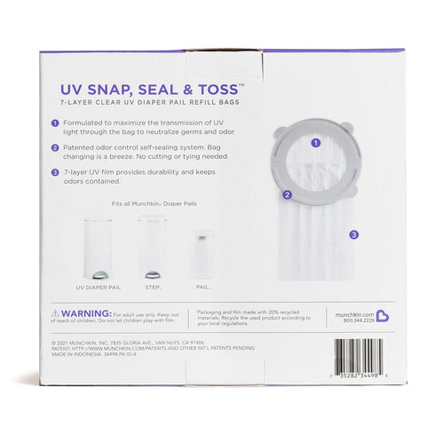600 20 Pack Munchkin UV Snap, Seal & Toss Diaper Pail Refill Bags, Holds up to Newborn Diapers