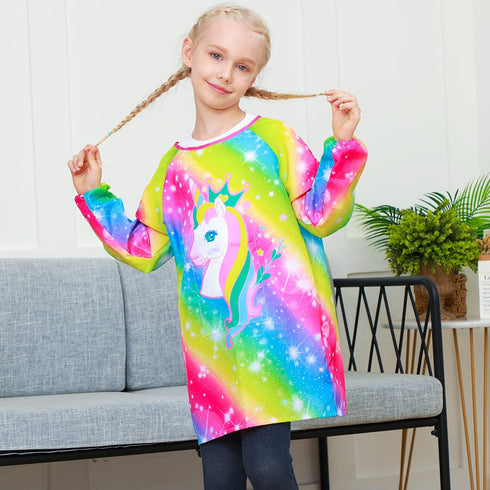 PASHOP Kids Art Smocks Unicorn Waterproof Painting Apron for Girls Boys, Long Sleeve Smock with Pocket