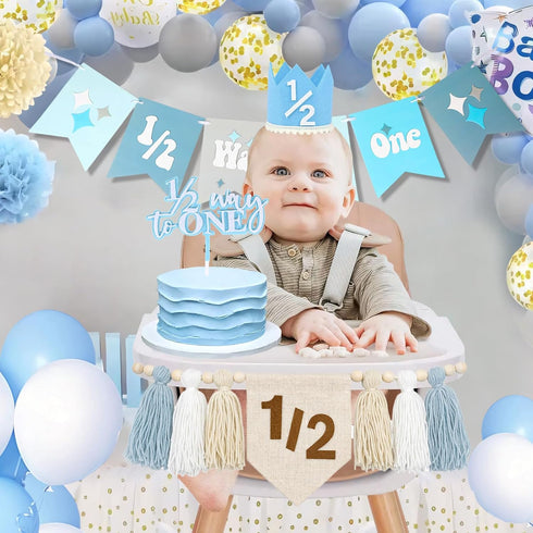 Vnysh 1/2 4PCS 6 Set 1/2 6 Birthday Boy Half Birthday Decorations Khaki Month Party with Way to One Banner, Halfway