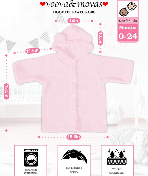 100% 0-24Months VOOVA & MOVAS Pink Toddler Hooded Towel with Bear Ear | Cotton, Ultra-Soft & Absorbent Baby Bath Robe |