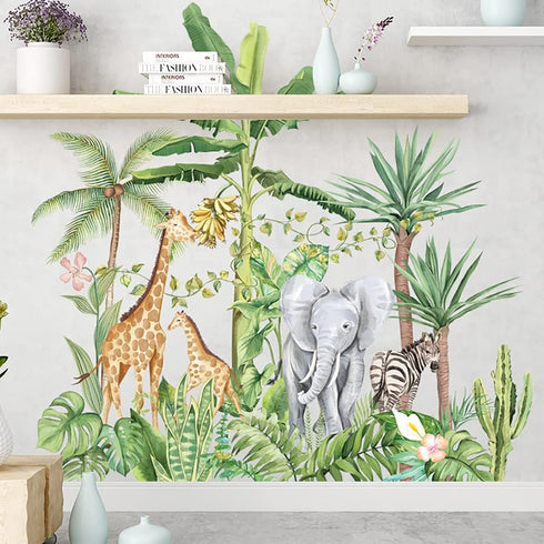 Runtoo Tropical Jungle Animal Wall Decals, Giraffe Elephant Plants Wall Stickers for Kids Room Bedroom Wall Decor