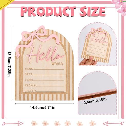 Goktvai Hello World Newborn Sign, Wooden Pink Bow Baby Announcement Sign Funny Newborn Announcement Board Suitable