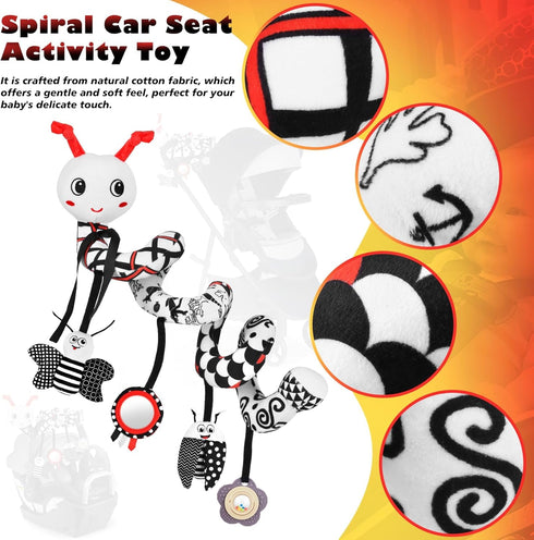 0-6 4 Car Seat Toys for Babies, Months Stroller Activity Black White Baby Spiral Plush Toys Newborn High Contrast