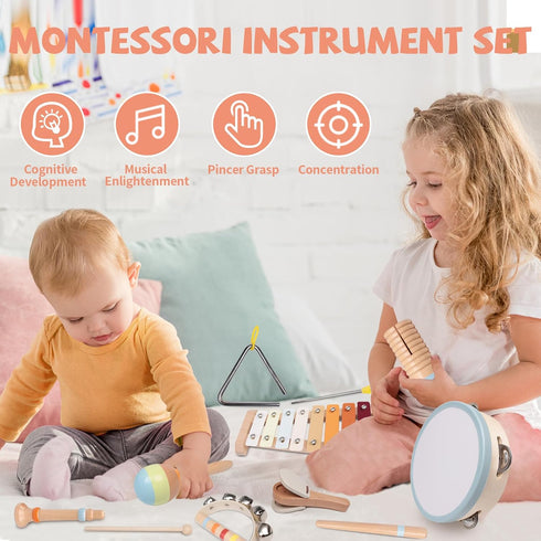 Set 18 1-3, 1 2 3 Baby Musical Instruments - Montessori Wooden Month Old Baby Musical Toys, Toddler Percussion