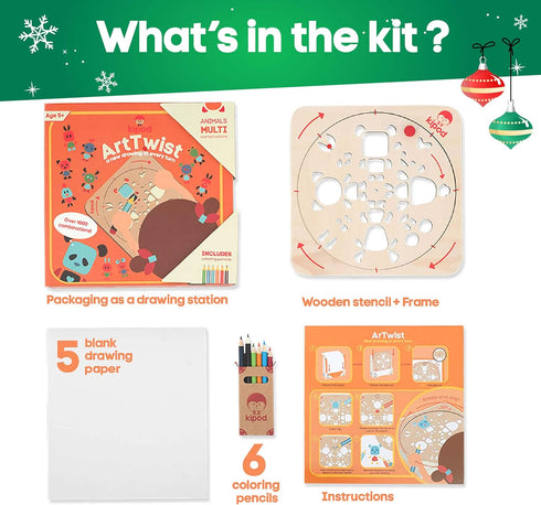 ArtTwist Drawing Stencils Kit for Kids – Rotating Wooden Spin Art with 6 Colored Pencils and 5 White Papers – Montessori Arts and Crafts Gift - Set for Boys and Girls Ages 5-12 by kipod