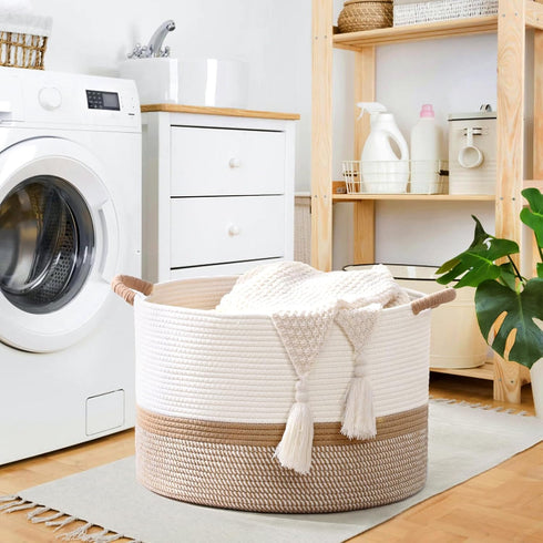 67L 20"x13" Large Blanket Basket, Woven Storage Baskets With Handle, Cotton Rope Blanket Basket Living Room, Baby