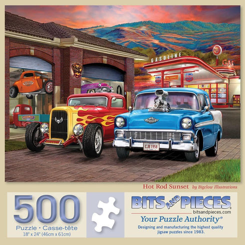 Bits and Pieces 500 Piece Jigsaw Puzzle for Adults, Hot Rod Sunset 18" x 24" Colorful Classic Cars by Bigelow