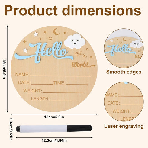 Penitue 5.9in Newborn Welcome Signs, Round Wooden Moon Clouds Hello World Newborn Birth Announcement Sign Photo Props