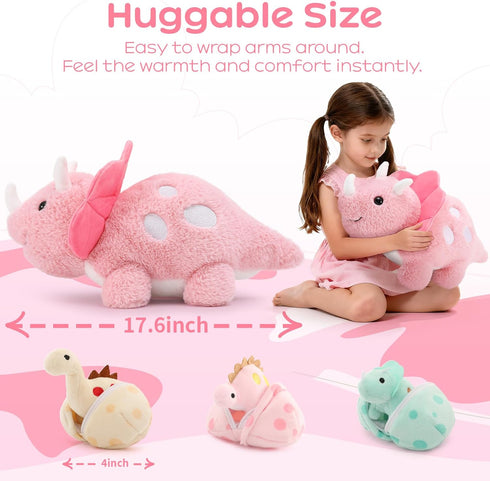 17.6in Mommy 3 Pink Dinosaur Toys for Girls, Dinosaur Stuffed Animal with Baby Dino Plush(Triceratops, Stegosaurus