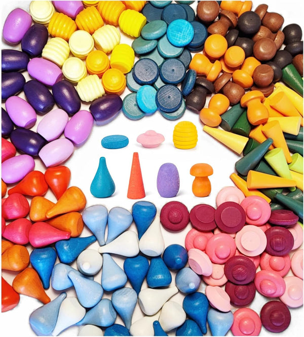 MIKNEKE 162 Wooden Loose Parts Sensory Bin Filler Toys - Mandala Rainbow Stacker Open Ended Educational Toys