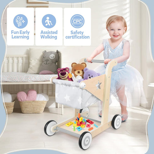 2 1 Asweets in Wooden Baby Walker Push and Pull Doll Stroller, Shopping Cart Learning Walker for Boys and Girls, Sit