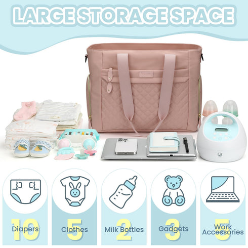 14 Inch Mommy Pritent Diaper Bag Tote for Working Mom, Large Travel Diaper Tote for Mom and Dad with Laptop Sleeve