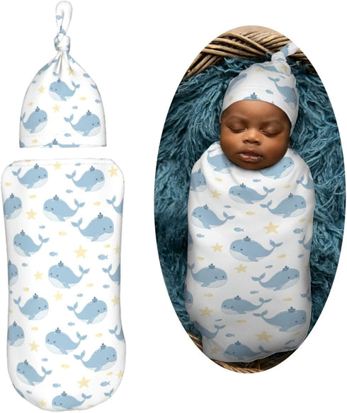Sets Whales with Fishes Newborn Swaddle Blankets Hat Soft Baby Receiving Blanket Swaddle Sack for Baby Shower Infant