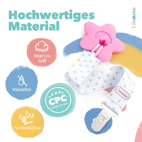Liname Neutral Pacifier Clip with Teething Toy - 4 Pack Clips for Boys & Girls, Binky Holder Soothie Paci Clip