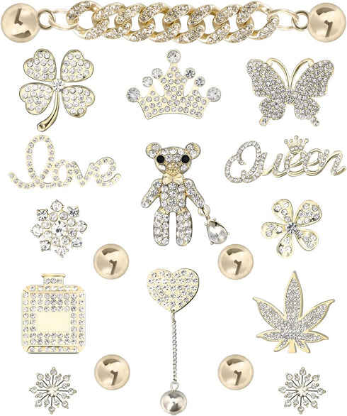 Rhinestone Bling Decoration Charms, Luxury Cute Jewelry Shoe Accessories for Women and Girls (Gold)