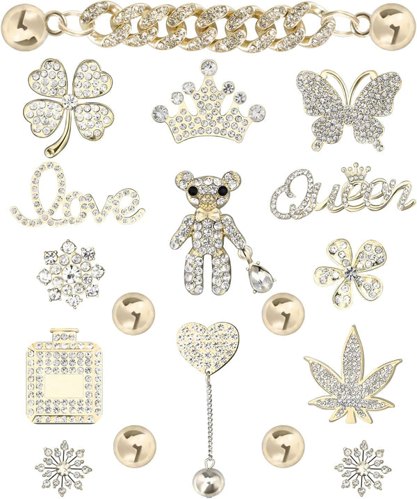 Rhinestone Bling Decoration Charms, Luxury Cute Jewelry Shoe Accessories for Women and Girls (Gold)
