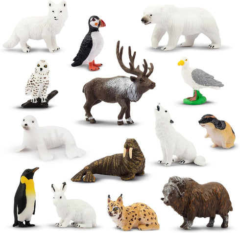 Toymany 14PCS Tiny Polar Animal Figurines, Plastic Arctic Animal Set for Kids Birthday Party Gifts