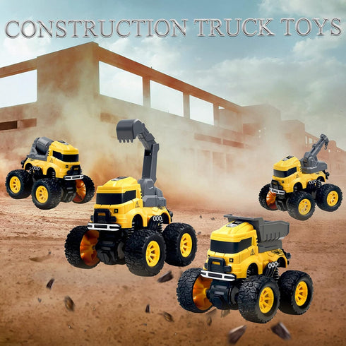 Construction Truck Toys - 4 Pack Excavator, Mixer, Crane, Dump Trucks, Push and Go Friction Powered Cars