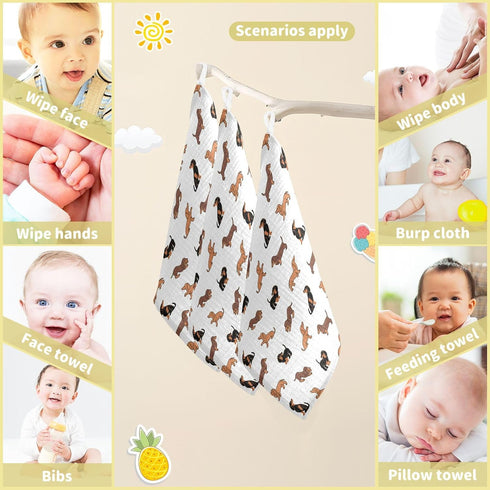 YETTASBIN 4 5 Pack Dachshund Dog Muslin Baby Hand Washcloths, Soft Cotton Bath Face Towel, Layers Extra Absorbent