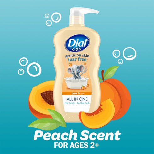 3-in-1 24 oz (Pack 4) Dial Kids Body + Hair + Bubble Bath, Peach, fl
