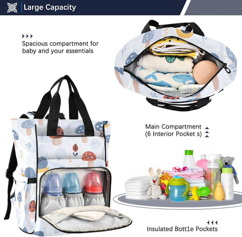 SUABO Backpack Mushroom Snail Ladybug Pattern Baby Diaper Bag Large Bag Waterproof Travel Diaper Bags for Moms and Dads