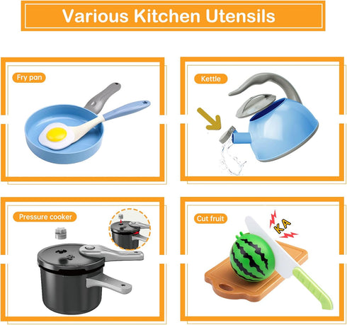 Funpynani 130Pcs Playset, Kitchen Toddler Pretend Cooking Play Pots, Pans, Utensils Cookware, Daily Food Fruit Veges