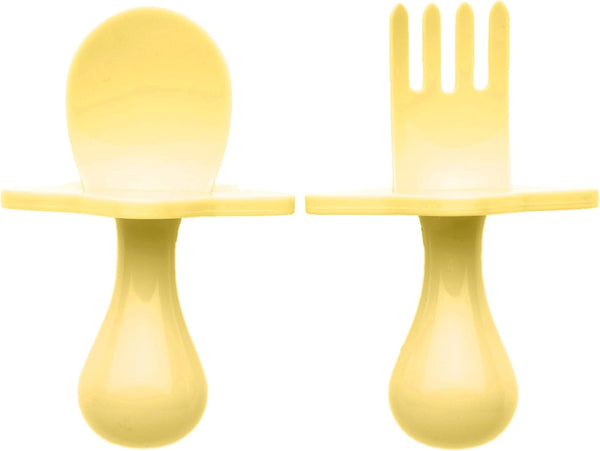 Elli&Nooli Toddler Silverware Set, 2-Piece Yellow Silicone Baby Feeding Utensils, Self-Feeding with Choke Barrier