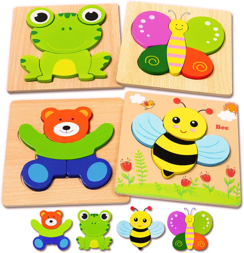Bekayshad 4 Pack Wooden Puzzles for Toddlers, Animal Jigsaw Toys, Gifts for 1-3 Year Old Boys Girls, Educational