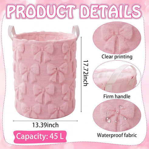 Blushtier 2 Pcs Pink Bow Laundry Hamper Girls Room Decor Coquette Pink Bow Plush Faux Fur Basket Kids Large Storage