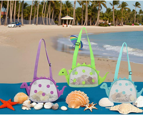 AUONY Swimming Beach Toy Mesh Beach Bag Kids Shell Bag Dinosaur Beach Sand Toy Totes for Holding Shells Beach Toys Sand