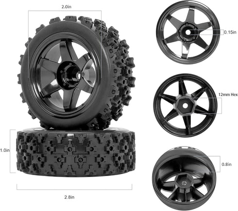 RC Station 12mm Hex Wheels and Tires for 1/12 1/14 1/16 1/18 RC Off Road Buggy Rally, Preglued 4PCS
