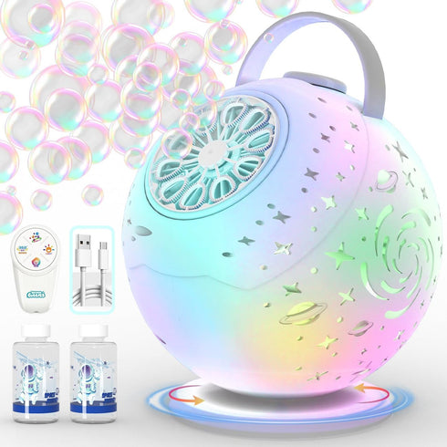 Rechargeable Bubble Machine - Auto 90/360 Rotation, Remote Control, 7-Color RGB, Larger