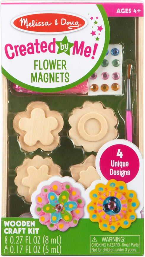 Melissa & Doug Created by Me! Flower Wooden Magnets Craft Kit - 4 Designs, 4 Paints, Stickers, Glitter Glue