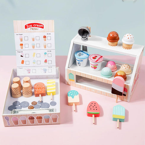 Set Counter 3+, Wooden Ice Cream Toy for Toddlers, Wooden Play Food Kitchen Accessories, Pretend Play Ice Cream Shop