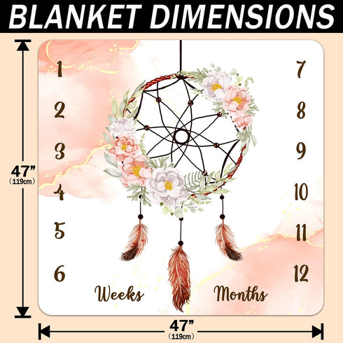 Boho Baby Monthly Milestone Blanket, Dream Catcher Feather Flower Design, Newborns 1 to 12 Months Unisex with 4 Frames