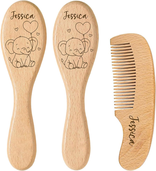 PLOVEGIFT Personalized Wooden Baby Hair Brush Set, Soft Goat HairBrush, Custom Engraved Animal