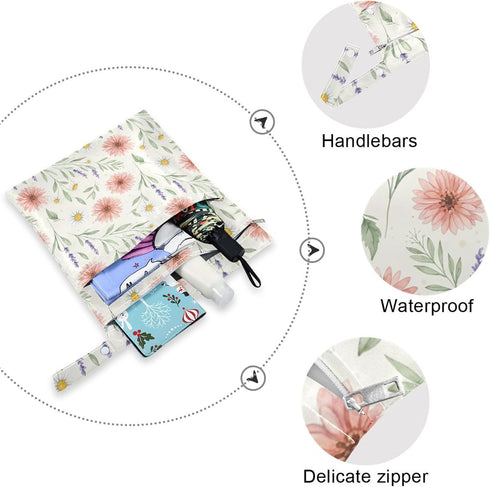 Burbuja 2 Pack, 2 Wildflowers Wet Dry Bags for Baby Cloth Diaper Waterproof Reusable Wet Bag with Zippered Pockets