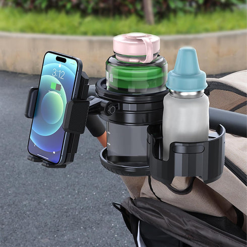 Elecphbo 4-in-1 360 Universal Stroller Cup Holder Adjustable Single/Double Cup & Phone Holder, Rotatable, Anti-Slip